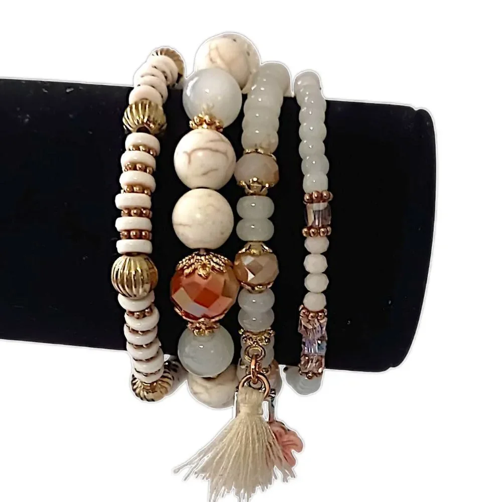 Glass Beaded Stacked Bracelet Rows Beads‎ Floral Neutrals Y2K Boho Fairy Indie